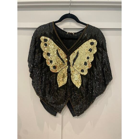 VTG Scala Madame Butterfly Black & Gold Hand Sewn Beaded 100% Silk Top - Picture 1 of 9